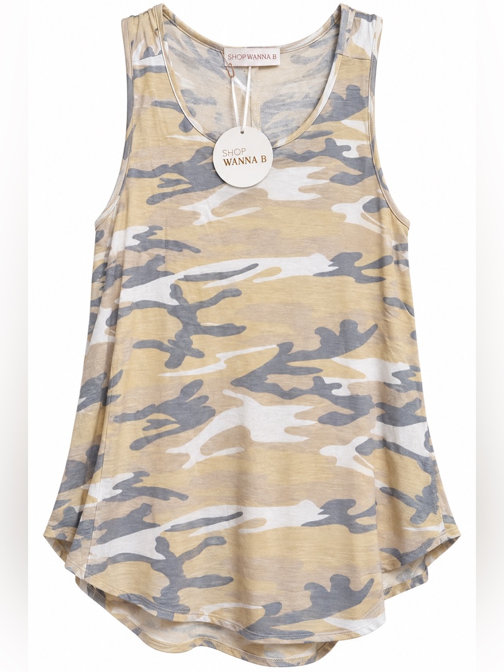 NWT Shop Wanna B Women’s Camo Twist Back Tank Top Beige Gray S M L